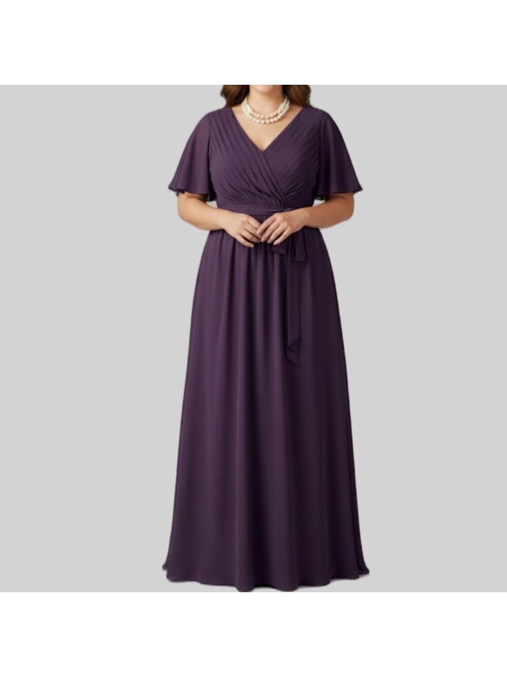 Purple Formal Dress Flutter Sleeve Maxi Medium Large